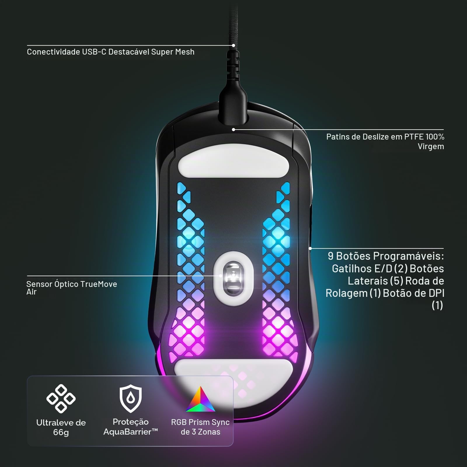 SteelSeries Aerox 5 - Mouse para jogos Holey RGB - Design